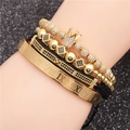 Set gioielli uomo 4 pezzi oro con perline corona zirconi e bracciale romano - Set da 4 Pezzi (Numeri Romani+Corona+Perla+Corda) / Set Oro