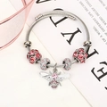 Silver woven bracelet with pink rhinestone beads and delicate honey bee charm - Silver Pink