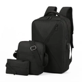 Black 3-piece business backpack set with Oxford fabric and external USB charging port - Black