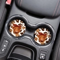 Close-up of dual round highland cow car coasters with leopard print in a vehicle cup holder - Highland Cow Style 6