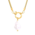 Gold snake chain necklace with OT buckle and baroque pearl pendant in white background - Baroque Pearl Style (KN234959-Z)