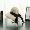 Elegant beige straw sun hat with black ribbon bow, French retro style for beach vacations - M (56-58cm) / Beige