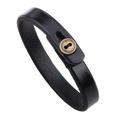 Minimalist black genuine leather bracelet with vintage brass buckle on white background - Black Leather + Copper Buckle