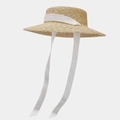 Detailansicht der Strohflechtung und der weißen Bänder am breitkrempigen Sonnenhut - Stroh (Weißes Band)