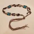 Bohemian braided belt with brown ropes, wooden beads and blue turquoise metal accents - 170cm / Cube