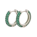 Detailed view of silver hoop earrings featuring pavé-set green round-cut gemstones - Platinum Green Zirconia