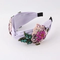 Lavendelkleurige stoffen hoofdband met 3D-geborduurde bloem en roze lovertjes - Lavendel