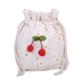 Minimalist white canvas drawstring bucket bag with daisy print and cherry pom-pom - White