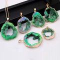 Irregular natural druzy agate necklace with green-purple gradient and gold plated edges - Green (No Chain)