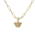 Golden paperclip chain necklace with a cute pink zircon micro-paved bear head pendant - Purple