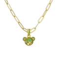 Golden paperclip chain necklace featuring a green zircon micro-paved bear pendant - Green