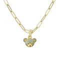 Collier chaîne trombone dorée avec pendentif ours vert et détails en zircone claire - Turquoise