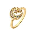 Adjustable gold star and moon open ring with sparkling multicolor zircon stones - Multi-color Star & Moon Style (CR00199)