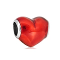 Detailed view of a red enamel heart bead with a polished silver-tone metal core - Large Hole Shiny Red Heart