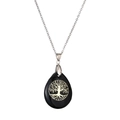 Tree of Life necklace with black teardrop crystal pendant on silver chain for women - Black Agate