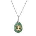 Green jade teardrop necklace with golden tree of life inlay and silver chain on white background - Green Aventurine With Stainless Steel Chain