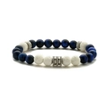 Blue tiger eye and white volcanic stone beaded bracelet with vintage metal spacers - Matte Blue Tiger Eye