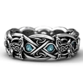 Vintage wolf totem ring for men with Celtic knots and round blue gemstones in silver finish - US 8