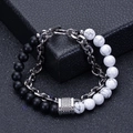 Men's double-layer bracelet with black matte beads, white turquoise, and silver steel chain - Matte Stone + White Turquoise (Silver Chain)