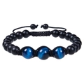 Macro detail of hand-woven 12mm tiger eye beads on an adjustable matte black bracelet - Blue Tiger Eye Bracelet