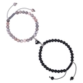 Pink zebra and matte black stone beaded magnetic heart couple bracelets on white background - Pink Zebra Stone + Matte Stone Bracelet