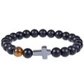 Detail of matte black beaded bracelet with tiger eye stone and a metal cross charm - Matte Stone Cross (Bless Card)