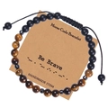 Detail of Morse code bracelet featuring tiger eye beads and 'Be Brave' message on card - Be Brave