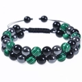 Verstelbare dubbellaagse kralenarmband met groene malachiet en zwarte obsidiaan - Malachiet + Zwarte Magnetische Steen + Obsidiaan / 8mm