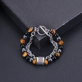 Men's double-layer stainless steel bracelet with brown tiger eye and black onyx beads - Yellow Tiger Eye - Stainless Steel Bracelet