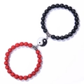 Macro detail of Yin Yang couple beaded bracelets with matte black and white marble stone beads - Black and Red Tai Chi (Style-7)