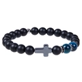 Bracciale di perline in agata nera opaca con pietre blu occhio di gatto e croce in ematite - Biglietto di Benedizione (Bless) / Occhio di Tigre Blu & Pietra Opaca