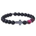 Bracciale elastico con perle nere opache 8mm e occhio di tigre con ciondolo a croce nera - Biglietto di Benedizione (Bless) / Occhio di Tigre Rosa + Pietra Opaca
