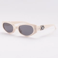Retro cream cat-eye sunglasses with grey lenses and hexagonal crystal temple detail - Beige Pink Frame Black Gray Lens