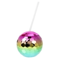 Colorful gradient disco ball cup with a white straw on a white background - Colorful