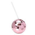 Pink disco ball straw cup with electroplated mirror finish and transparent reusable straw - Rose Gold