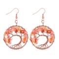 Rose gold life tree earrings with orange natural crystal stone wire wrapped hooks - Red Agate