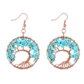 Detailed wire-wrapped Tree of Life earrings with green turquoise stones on white background - Blue Cracked Turquoise