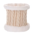 Close-up of beige knit neck warmer with white faux fur trim and cable knit texture - Beige Neck Warmer