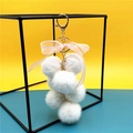 White faux fur grape plush keychain with pink organza bow and golden metal clip - White