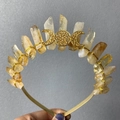 Handmade golden crown headband with raw yellow citrine crystals for creative party hair styling - Yellow Citrine Triple Moon
