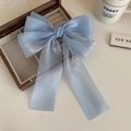 Vue détaillée du nœud en organza bleu clair avec longs rubans sur une boîte à bijoux - Bleu