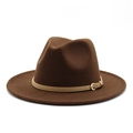 Detail of a brown wool fedora hat featuring a light khaki belt with a gold buckle - Dark Coffee