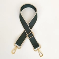 Detail of green and beige striped 3.8cm wide fabric strap with gold metal hooks - Green / Silver Hardware