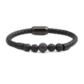Men's black braided leather bracelet with natural lava stone and CZ zircon micro-pave ball - Leather/Lava Stone/Stainless Steel/Zirconia / Lava Stone + Black Zirconia Ball (13)