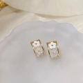 Elegant gold square earrings with double white enamel flowers and bead centers - White Flower (Real Gold Plated)