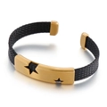 Men's open bangle with black woven mesh and gold star patterns in polished finish - Style B Gold Color (Pentagram Star Cutout)