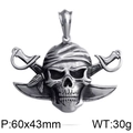 Vintage stainless steel pirate skull pendant with cross swords and size specs - No Chain - Bandana Cutlass Skull (KP79431-BD)
