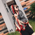 Ethnic print summer beach shawl with red, black, and white patterns and tassels - Red Feather / 90*180