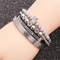 Set di 4 bracciali da uomo in argento con corona, numeri romani e pietre nere lucide - Set da 4 Pezzi (Numeri Romani+Corona+Perla+Corda) / Set Platino