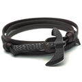 Brown leather wrap bracelet featuring a black hammer-textured metal axe clasp on white - Coffee